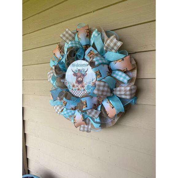 Highland Cow Welcome Wreath – Rustic Farmhouse Fall Design Wall or Door Decor - Picture 6 of 7